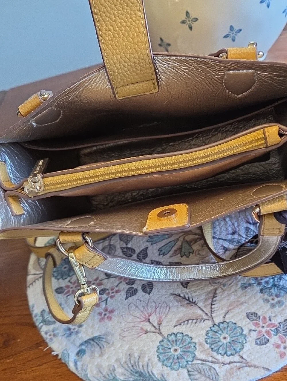 Anne Klein Mustard Yellow Pebbled Satchel with Scarf Accent